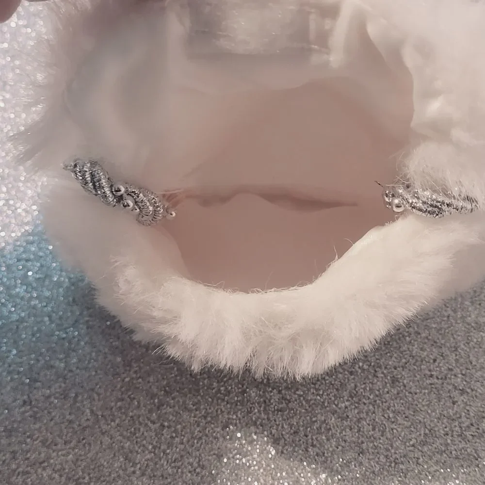 Soft White Faux Fur Purse Small Silver Handle Bling Detail Satin Lined Holiday